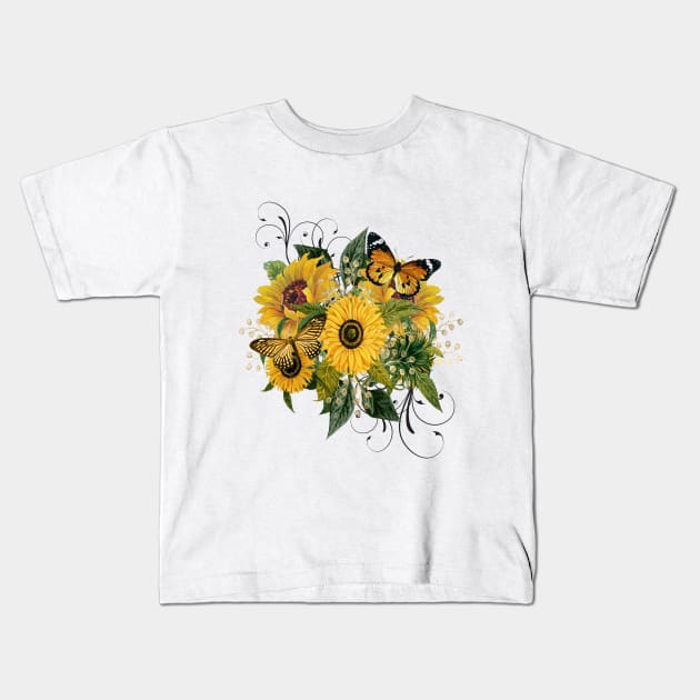 Sunflower bouquet with butterflies Kids T-Shirt by allthumbs